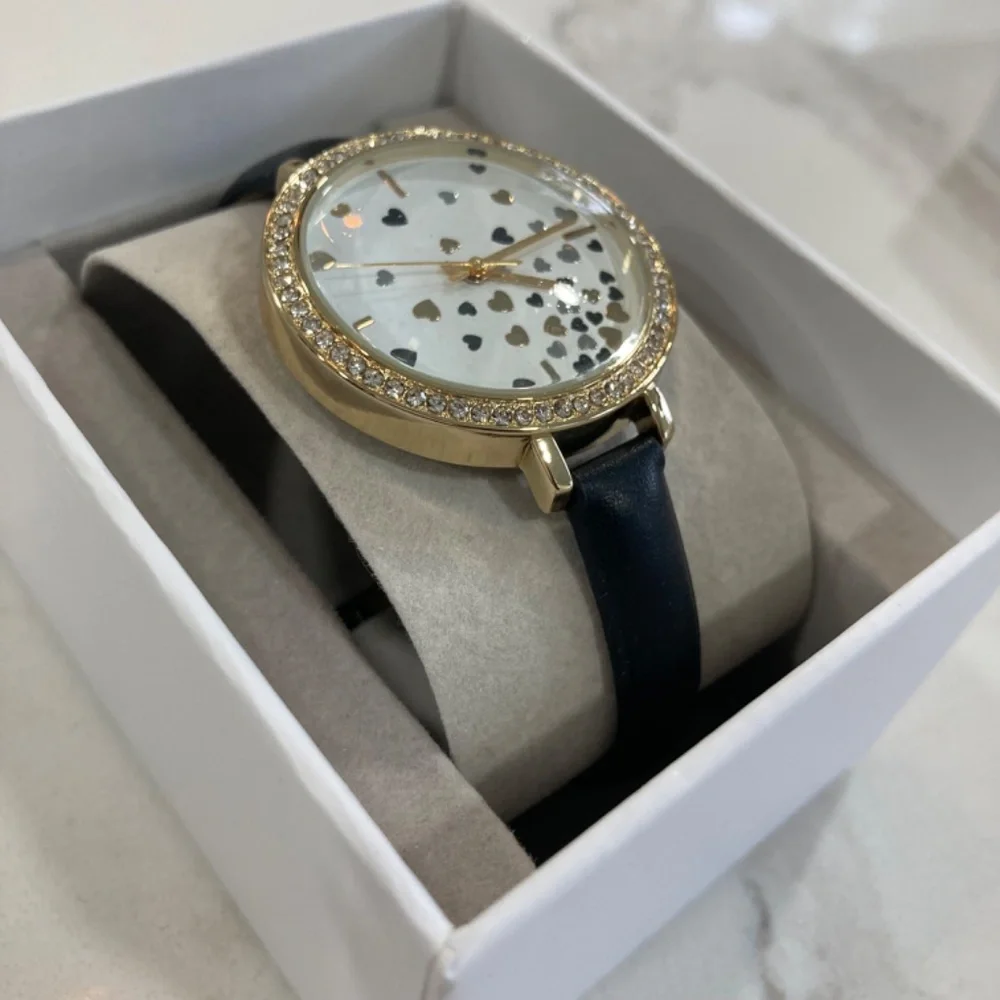 Ann Taylor Factory Crystal Heart Print Black Leather Band Watch